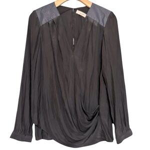 Ramy Brook Women’s Size S Black Drape Front Faux Snakeskin Shoulder Top Blouse